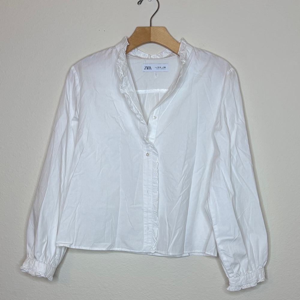 ZARA Ruffled High-Neck Button-Up White Blouse